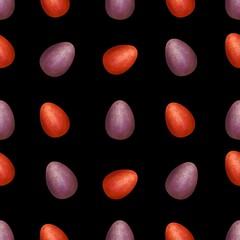 Violet and Red Easter Eggs on Black Background Seamless Pattern