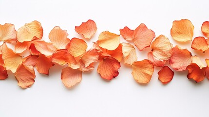 Minimalistic arrangement of delicate dried flowers and faded orange petals spread evenly on a bright white background with soft lighting