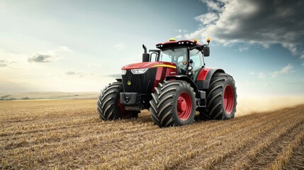 Obraz premium Red tractor on a wheat field with blue sky and clouds in the background.