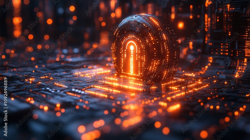 Poster futuristic digital lock surrounded by glowing circuitry, symbolizing cybersecurity and data protecti