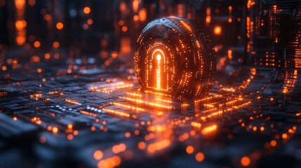 Futuristic Digital Lock Surrounded by Glowing Circuitry, Symbolizing Cybersecurity and Data Protection in a High-Tech Environment