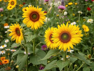 Fototapeta premium Sunflowers in a garden with other flowers and greenery, flowers, garden, sunflowers