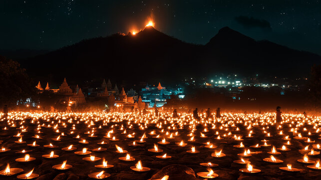 Karthigai Deepam, festival night at Arunachaleswarar temple with thousands of Hindu devotees lighting oil lamps, background view of huge fire on top of Mount Arunachala, Ai generated images