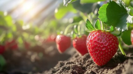 Ripe strawberries on a strawberry field. Nature hervest.