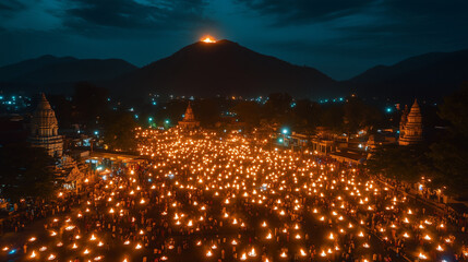 Karthigai Deepam, festival night at Arunachaleswarar temple with thousands of Hindu devotees lighting oil lamps, background view of huge fire on top of Mount Arunachala, Ai generated images