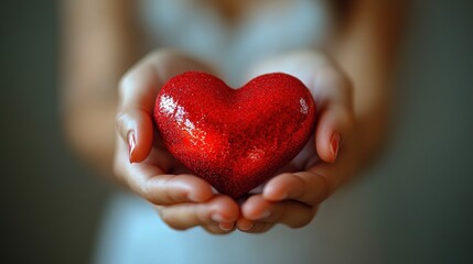 Fototapeta premium Woman's hands holding a red heart, symbolizing happiness, health care, hope, and gratitude, perfect for concepts like World Heart Day, family insurance, and Valentine's Day.