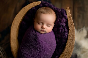Peaceful Newborn Baby Sleeping in Wooden Crescent Moon with Purple Wrap - Gentle and Serene Stock Photography