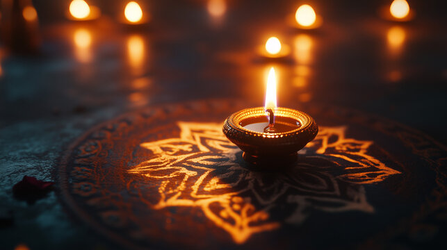 Karthigai Deepam, close-up of a brightly lit traditional Indian oil lamp, placed on an intricate rangoli, the candle light creates beautiful shadows around the pattern, Ai generated images