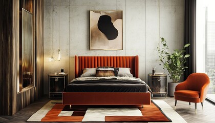 architectures digest photography of a bedroom , glam, luxury, brass, warm colors, retro, 70â€™s style, wood, cement,generative ai