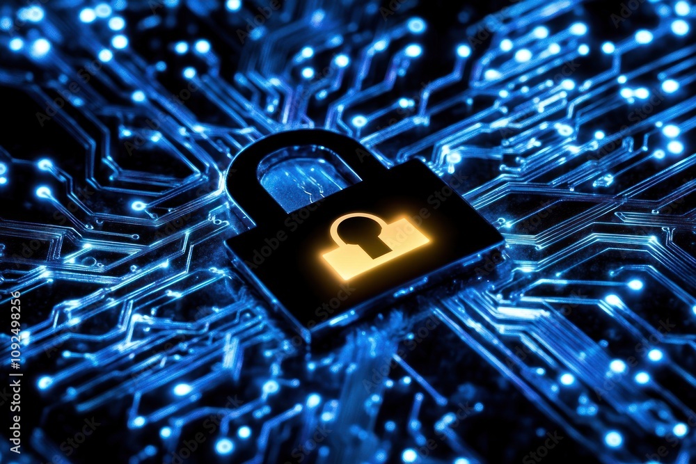 Poster here's a description and keywords for your image.. cyber security concept glowing padlock on circuit