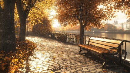 Autumnal Park Bench Beside A Calm River