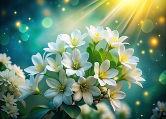 Surreal Elegance: White Flowers with Vibrant Yellow Centers Amidst Lush Green Foliage