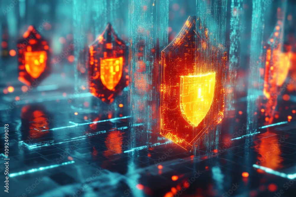Poster here's a possible and keyword list for your stock photo.. glowing digital shields represent cybersec