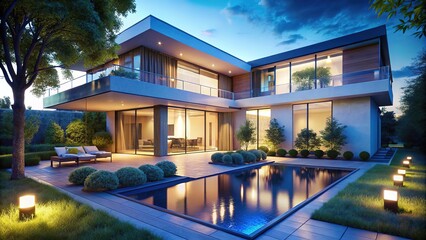 Fototapeta premium Stunning modern home bathed in a dreamy blue light. AI photography.