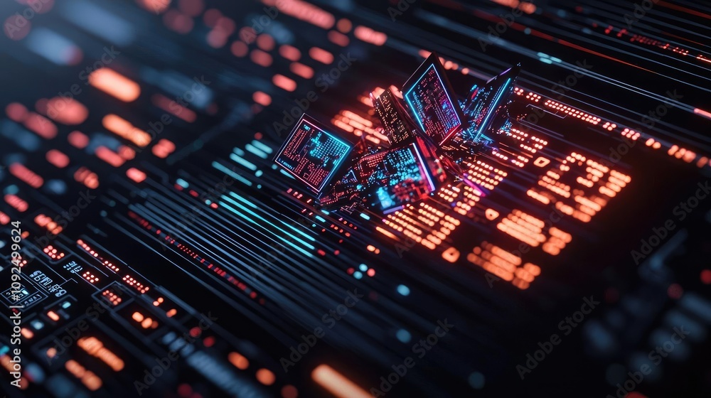 Poster Abstract data visualization with glowing circuits and microchips on dark background.
