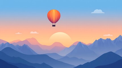 Fototapeta premium A Single Hot Air Balloon Soaring Over Mountains at Sunset