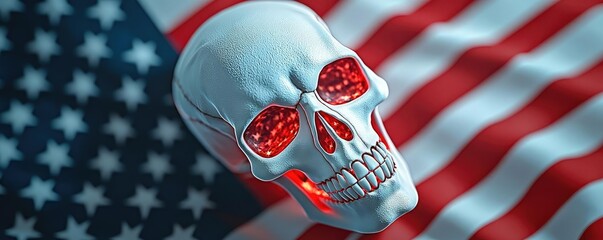 Fototapeta premium Decorative skull on an American flag, symbolizing culture and identity.