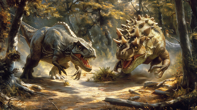 Two carnivorous dinosaurs fighting 
