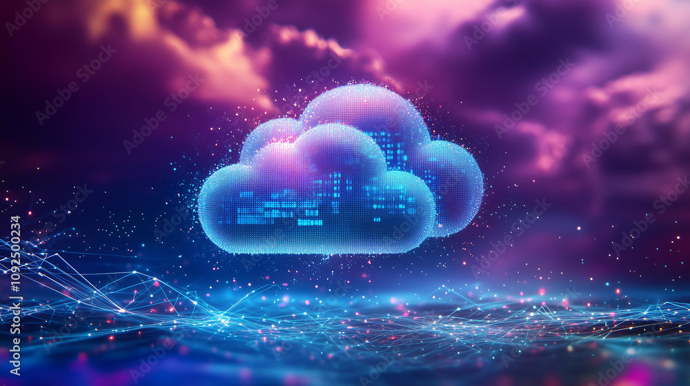 Poster cloud computing and digital data storage illustrated with cloud icon, neon lines, and computer netwo