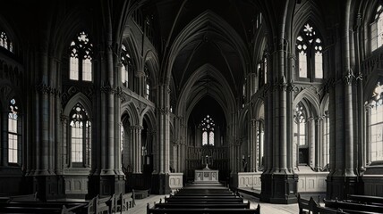 Fototapeta premium Dark Gothic cathedral interior, rows of pews, high ceilings, arched windows, altar.