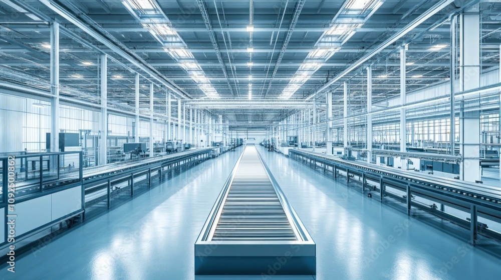 Poster modern factory interior with automated conveyor system