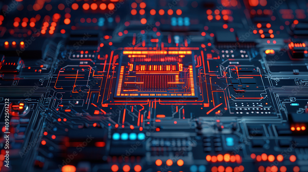 Poster high tech circuit board with glowing components and intricate patterns, showcasing cybernetic contro