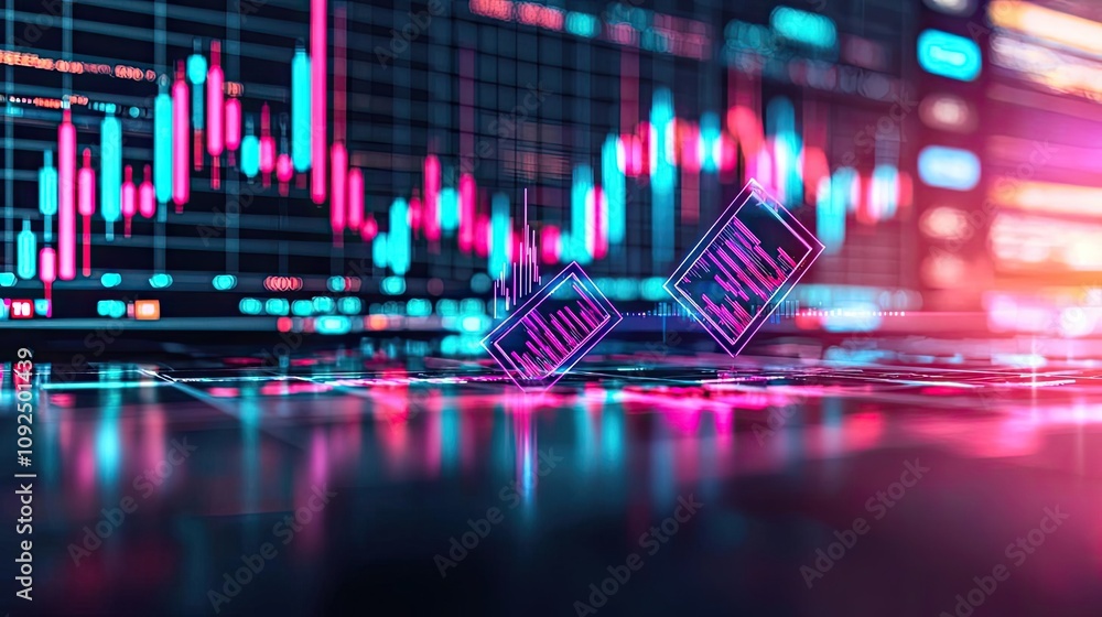 Poster stock market chart with glowing graphs and digital analysis visuals.
