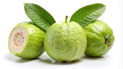 Fototapeta premium Guava fruit with a leaf and two apples next to fresh vegetables like cabbage and Brussels sprouts on a white background