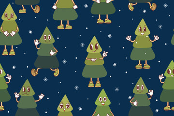 Seamless kawaii-style Christmas tree pattern. Cute funny Holiday Christmas trees. Vector