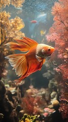Fototapeta premium A stunning goldfish swimming gracefully among vibrant underwater plants. Perfect for aquarium, marine life, and nature themes.