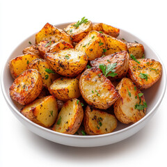 Golden roasted potatoes with herbs in white bowl, showcasing delicious and crispy texture. Perfect for side dish or snack, these potatoes are seasoned to perfection