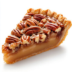 delicious slice of pecan pie showcasing golden crust and rich filling, topped with whole pecans. Perfect for dessert lovers and festive occasions