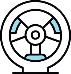 Fototapeta premium Desk Fan Icon with Minimalist Design, Black and white icon of a desk fan with blue accents, symbolizing cooling devices for home or office use with modern design. 