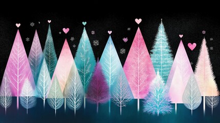 Vibrant illustration of forest with pastel-colored trees adorned with hearts and snowflakes. Christmas and New Year festive concept.