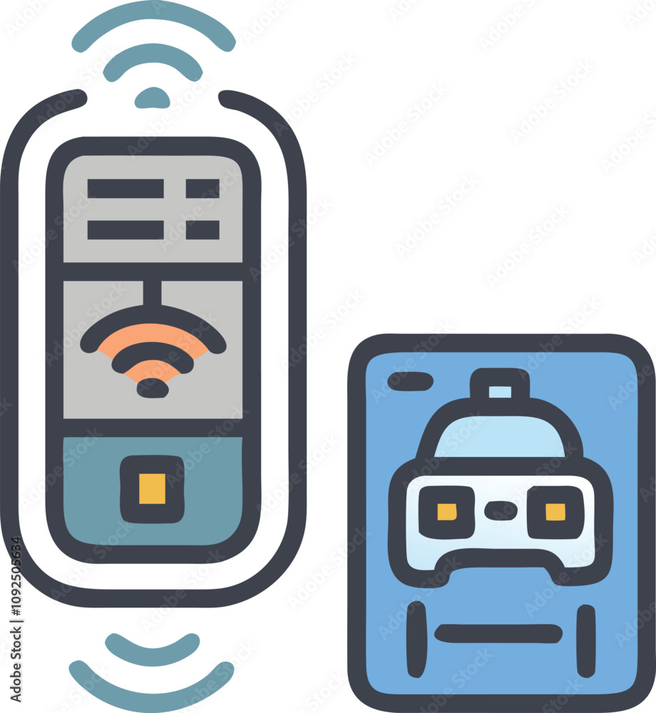 Poster smart vehicle remote and key card icon, colorful icon depicting a smart vehicle remote control and k