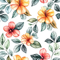 Vibrant floral pattern featuring hibiscus flowers in orange and pink tones, perfect for tropical-themed designs and decor.