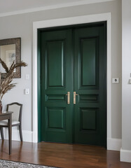 Elegant double doors in dark green with stylish handles in a contemporary interior setting
