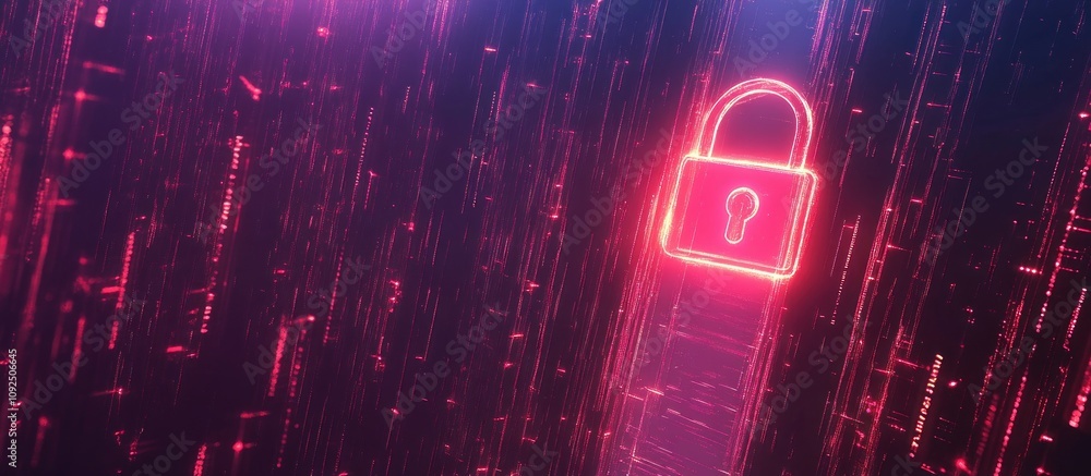Poster glowing padlock icon on digital data stream background.