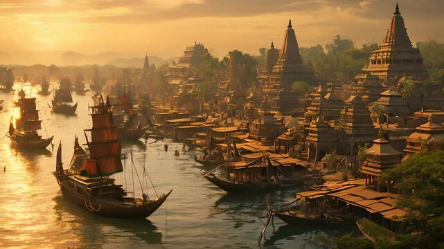 Srivijaya Maritime Empire Harbor: The bustling harbor of the Srivijaya Empire, located along a vast river system, with massive ships and rows of stilted houses on the water. Temples and administrative