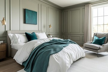 bedroom in a large designer showhouse, the walls are grey-green with wainscoting, light and airy photo, there is a square painting on the wall, the furniture is stylish, generative ai
