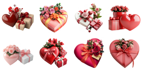 Gift in heart shape png isolated object set transparent background for all purpose.
