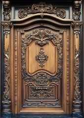 Ornately carved wooden door featuring intricate designs and a rich finish.