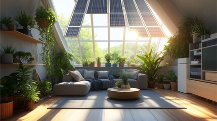 Fototapeta premium Eco-Friendly Home Green Living energy-saving sustainability, featuring a cozy modern interior with solar panels visible through large windows, energy-efficient appliances, and lush indoor plants.