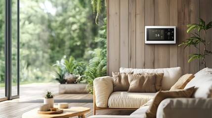 Eco-Friendly Home Green Living energy-saving sustainability, showing a stylish living room with reclaimed wood furniture, neutral tones, and a smart thermostat panel.