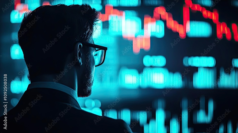Poster a focused professional analyzing financial data on a digital screen.