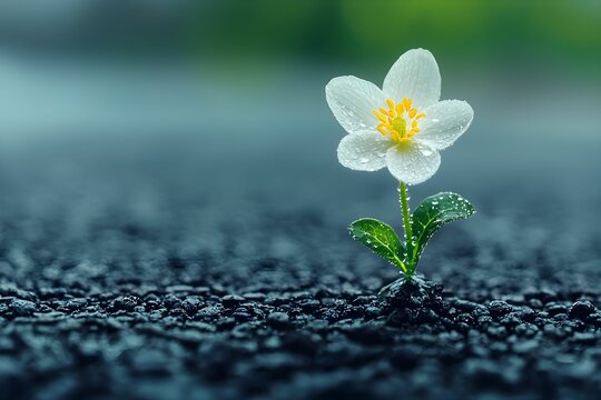 White flower growing through asphalt after a rain shower