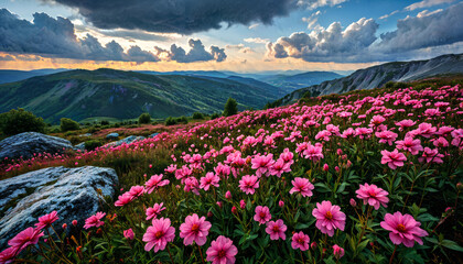 Obraz premium Paysage de montagne avec champ de fleurs roses au coucher du soleil