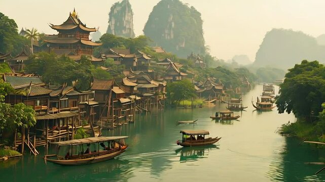 Fabled Kingdom of Funan Amidst Rivers: The ancient Funan civilization with a view of interconnected cities on stilts surrounded by rivers. Wooden boats carry goods, and distant temple spires rise abov