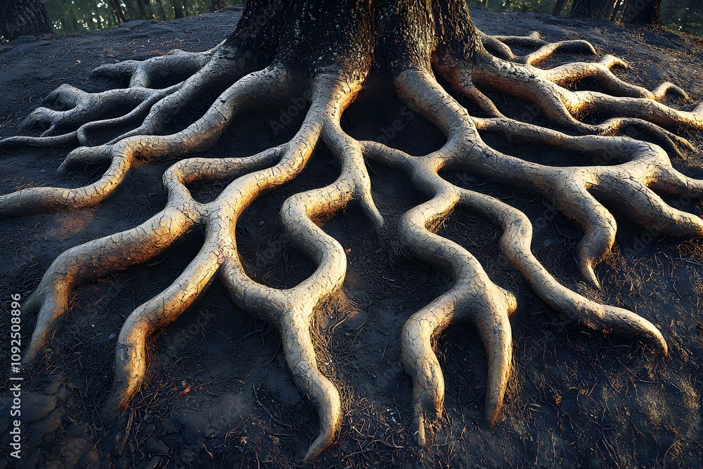 Poster tree roots extend dramatically across forest floor in golden light