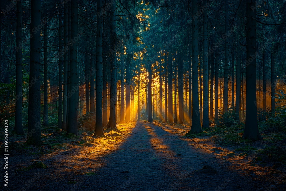 Poster light filters through trees in a serene forest at sunset